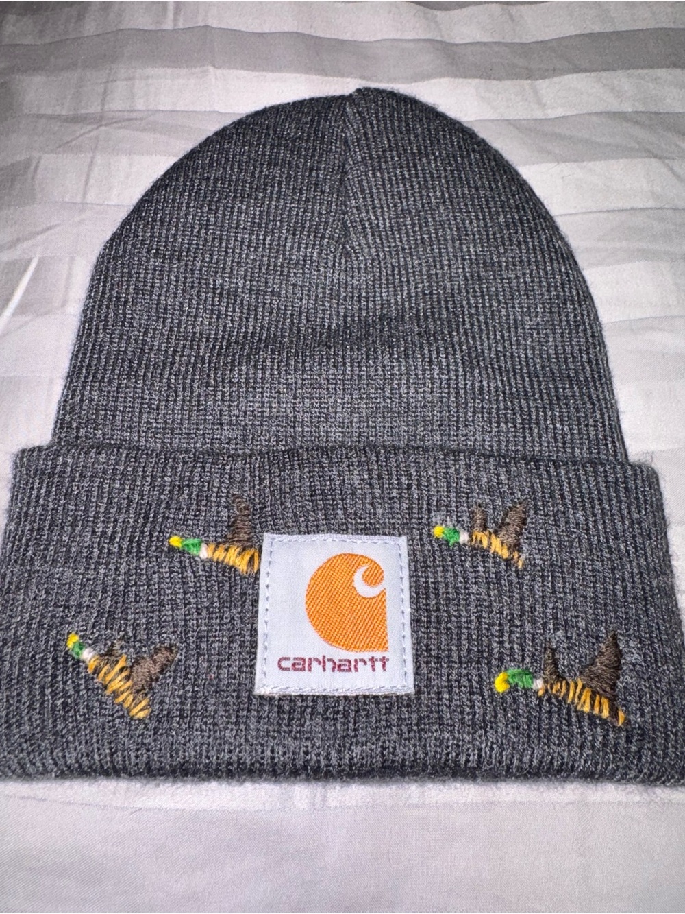Carhartt Gray Knit Kids Beanie with Orange Logo Patch and Duck Embroidery